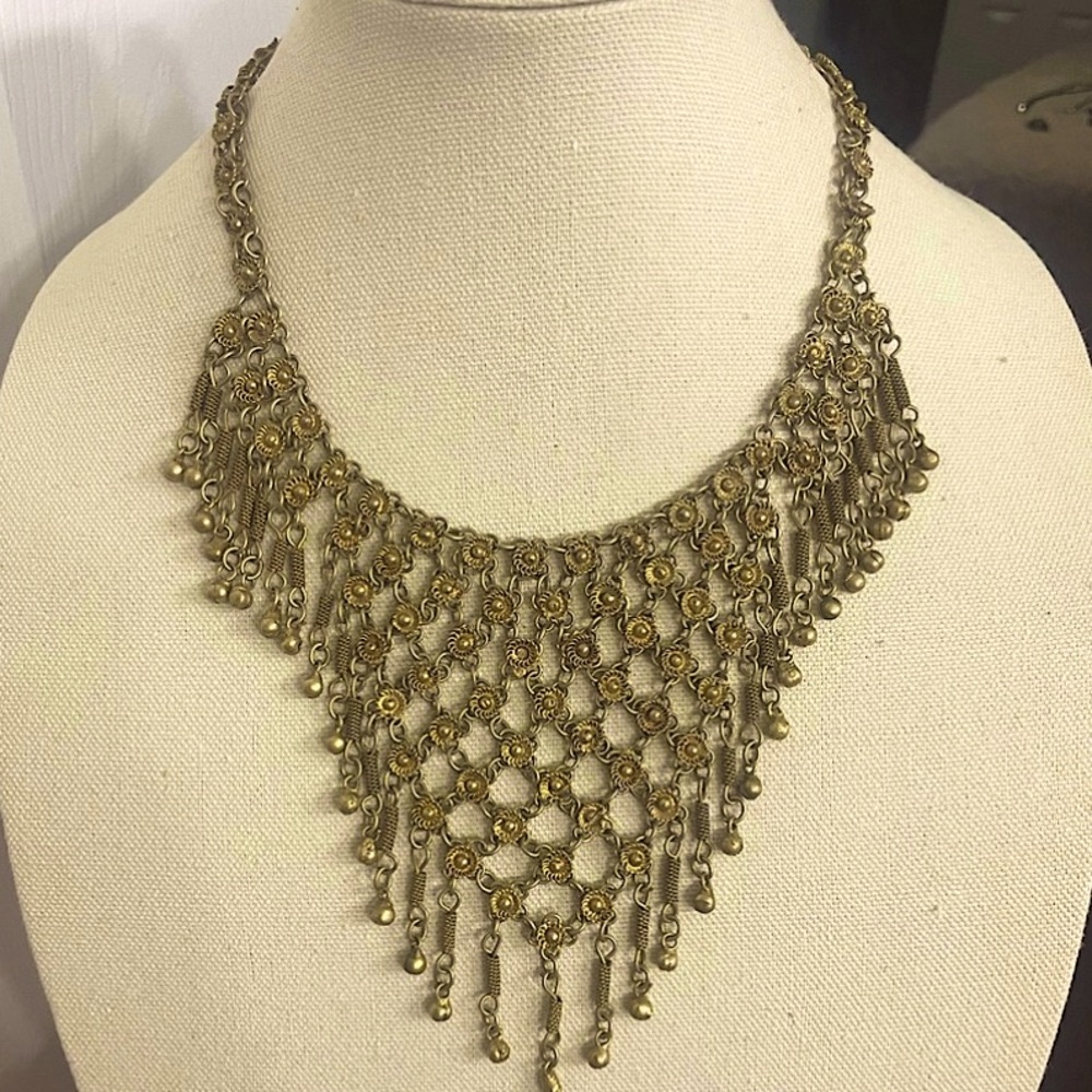 Vintage Brass Filigree Rosette Bib Necklace w/ Tiny Dangling Bells.